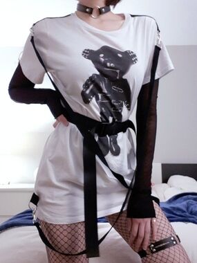 Current Mood White Graphic Teddy Tee with Black Harness Straps